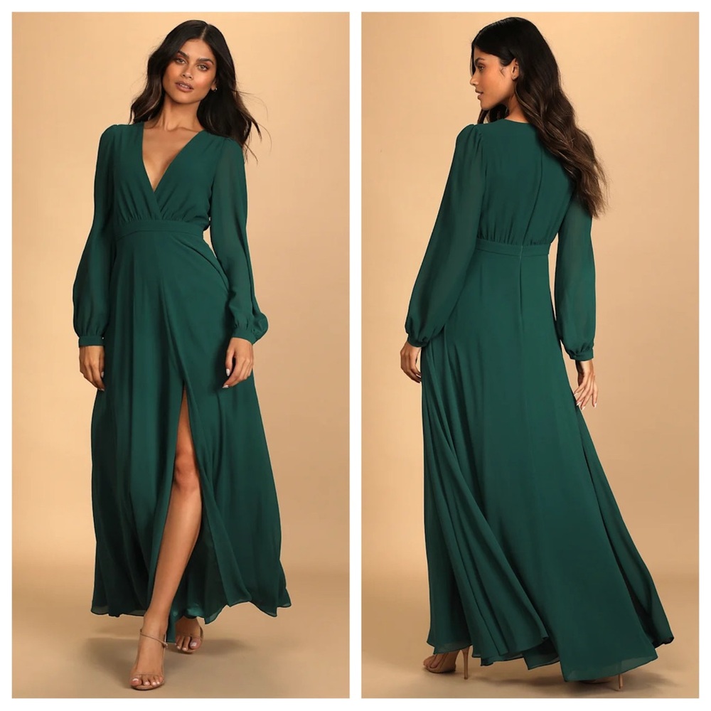 NWOT Lulus Adoring You Chiffon Long Sleeve Maxi Dress Gown Hunter Green Medium